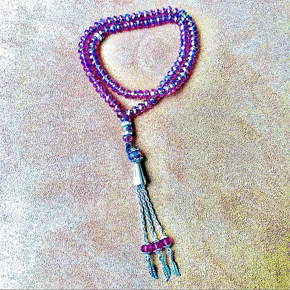 Rosary Bead Chain (Tasbih) Purple Crystal & Silver Tassels - Picture 1 of 7